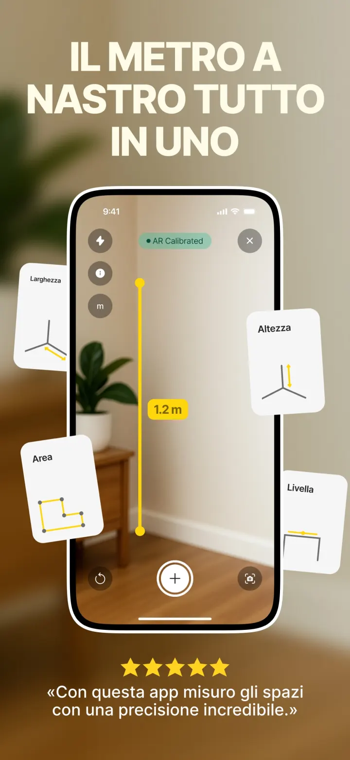 Schermata di Measuring Tape con una misura verticale di 1,2 m e gli strumenti Larghezza, Altezza, Area e Livella