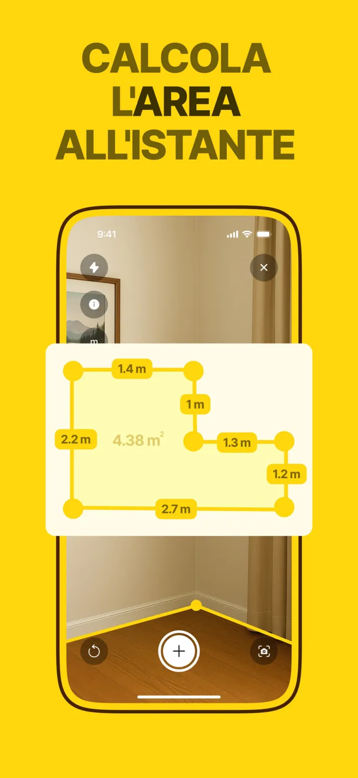 Lo strumento Area mostra un pavimento a L con ogni lato indicato e un totale di 4,38 m²