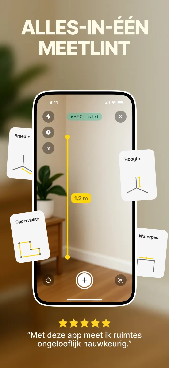 Measuring Tape met een gele meetlijn van 1,2 m langs een muur en de vier functies Breedte, Hoogte, Oppervlakte en Waterpas
