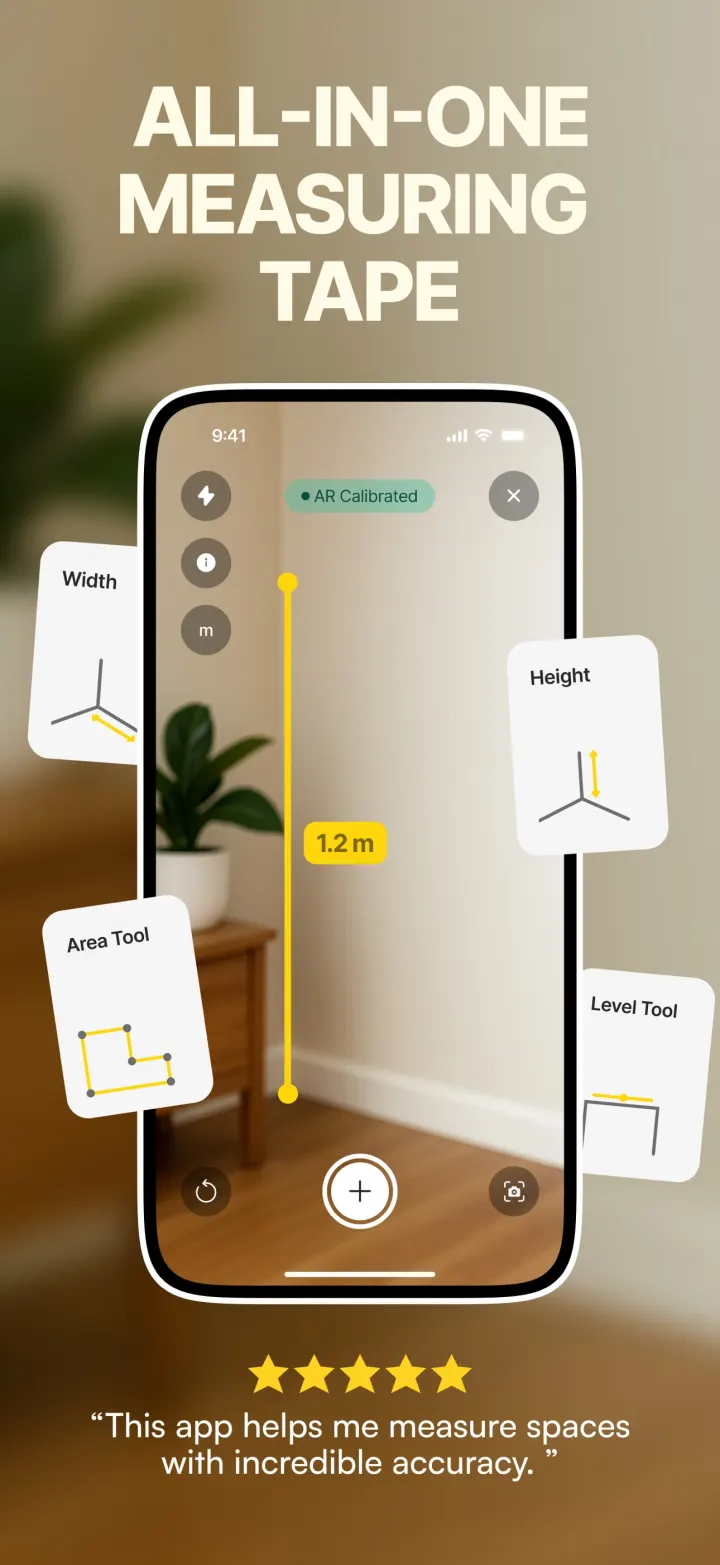 Measuring Tape na iPhonie mierzy w pionie 1,2 m, wokół karty narzędzi szerokości, wysokości, powierzchni i poziomicy