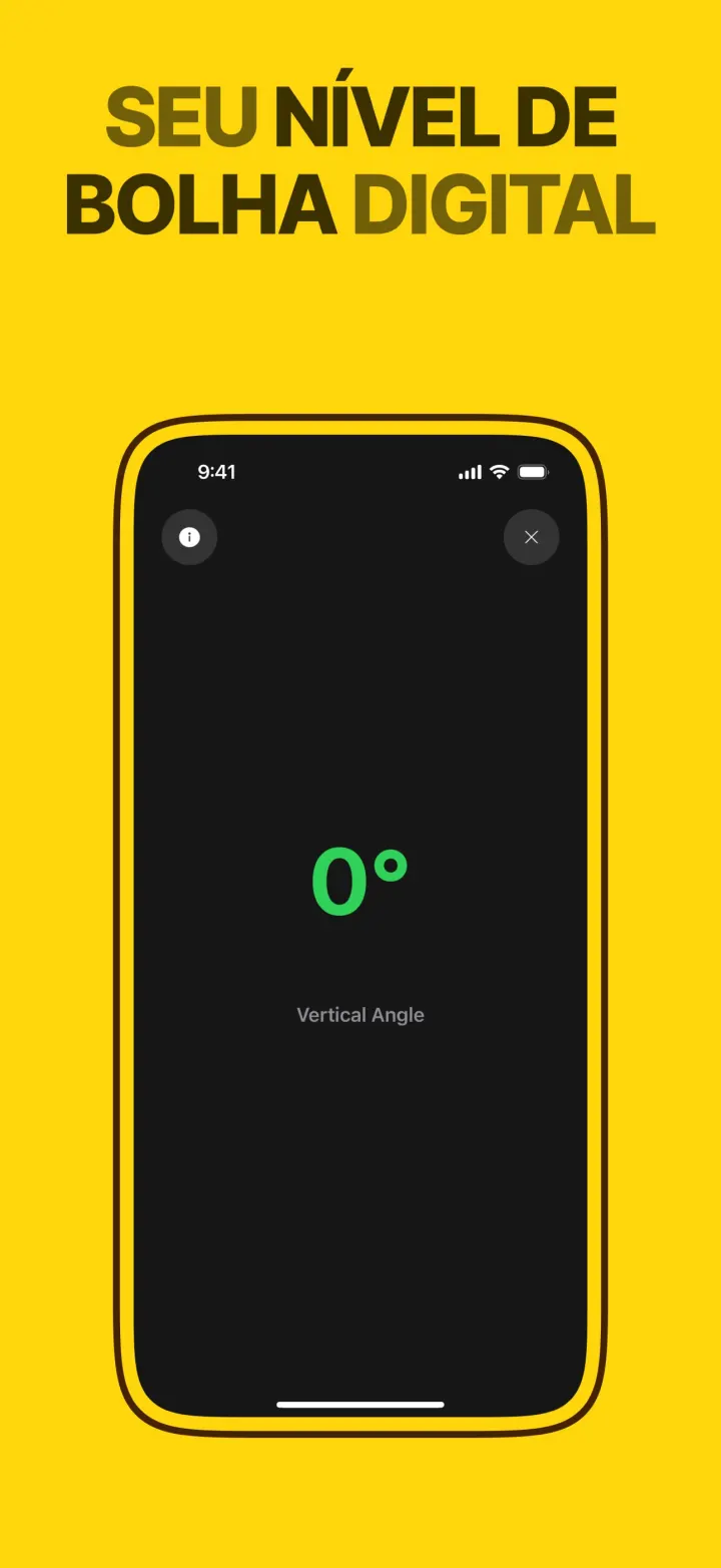 A ferramenta Nível marcando 0 grau em verde, no modo Ângulo vertical