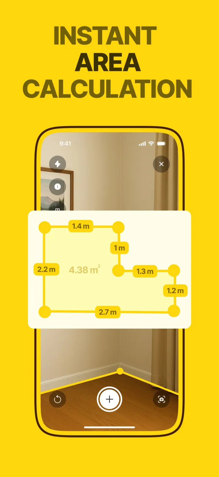 The Area tool showing an L-shaped floor with each side labelled and a total of 4.38 m²