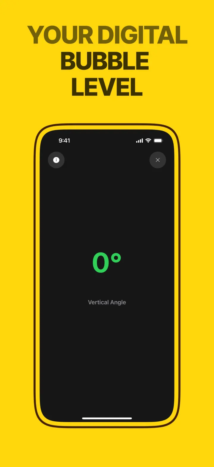 The Level tool reading 0 degrees in green, Vertical Angle mode
